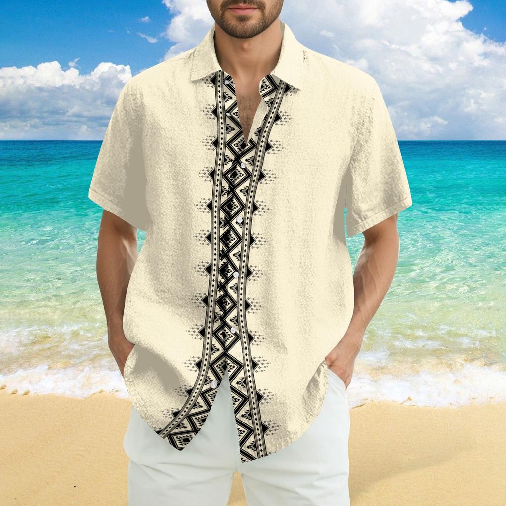 Men's Fashionable Casual Loose Striped Printed Beach Short-sleeved Shirt