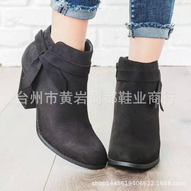 Autumn and Winter New Thick Heel Side Zipper Round Head Bow Martin Boots Women's Large Size and Ankle Boots