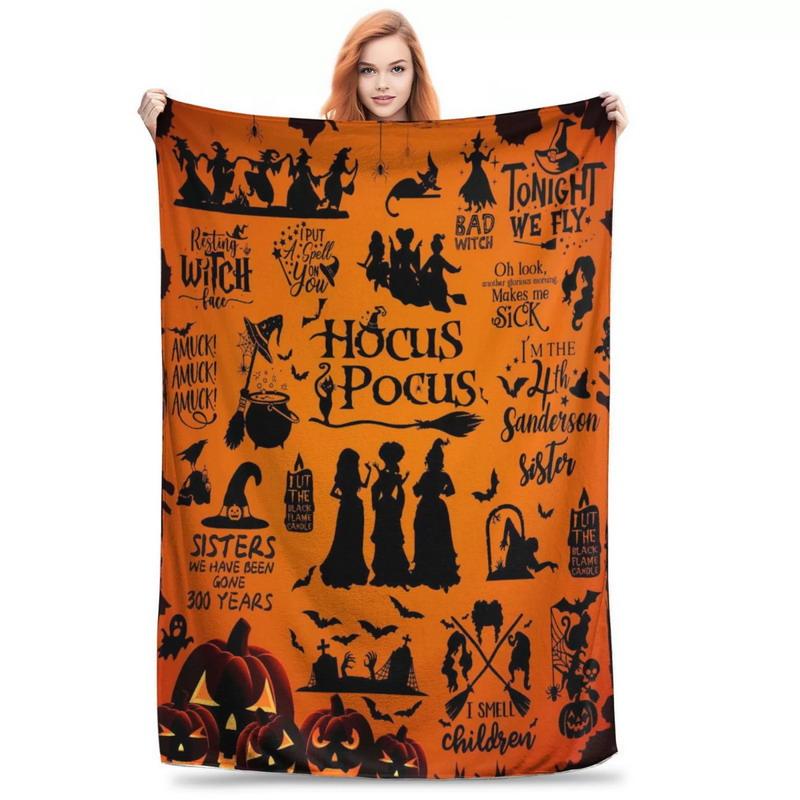 Differnet Size Halloween Throw Blanket with All The Classics | Black Cat, Pumpkin & Bat Print, Super Soft Plush for Sofa & Bed