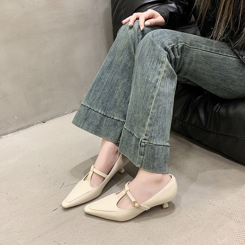 2025 spring new thin heel light mouth Mary Jane high heels pointed solid color one pedal French pointed low heels