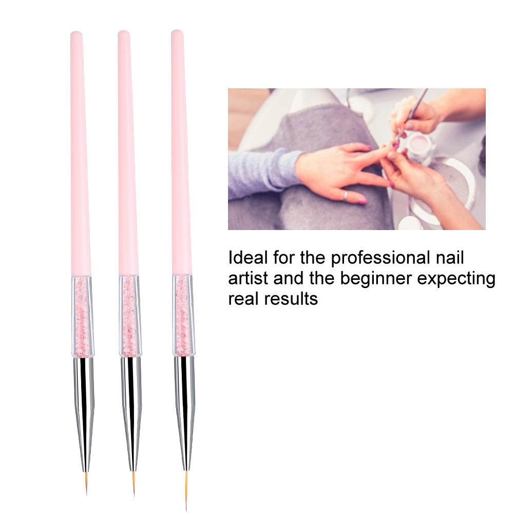 3pcs Nail Art Dotting Liner Brush UV Gel Painting Pen Drawing Tool Set Rhinestone Handle (Pink)