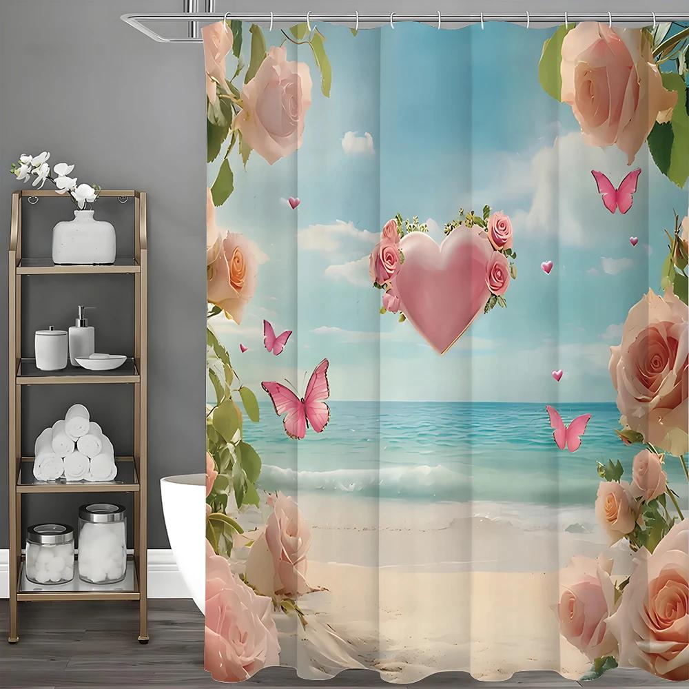 

Mother S Day Ocean Rose Floral Butterfly Heart Pink Shower Curtain, Bathroom Decorative Shower Curtain, Waterproof Shower Curtai W60H190(CM)-1 Pcs