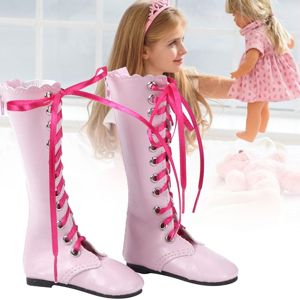 60cm Doll Lace Up Boots Girls Kid Exquisite Doll Boots Shoes Children Toy Accessory(Flat Boots Pink )