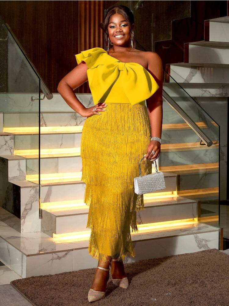 

One Shoulder Tassel Dresses for Women Sexy Big Bow Ruffles Wedding Guest Occassion Party Celebrate African Dance Date Out Gowns New XXL