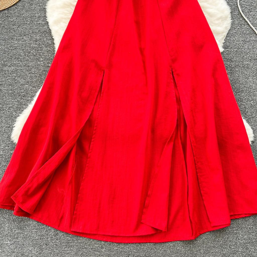 Design Hollow-out Wrap-around Hanging Neck Dress Scheming Strap Slim Fit Long Over-the-Knee Split Vacation Suspender Dress