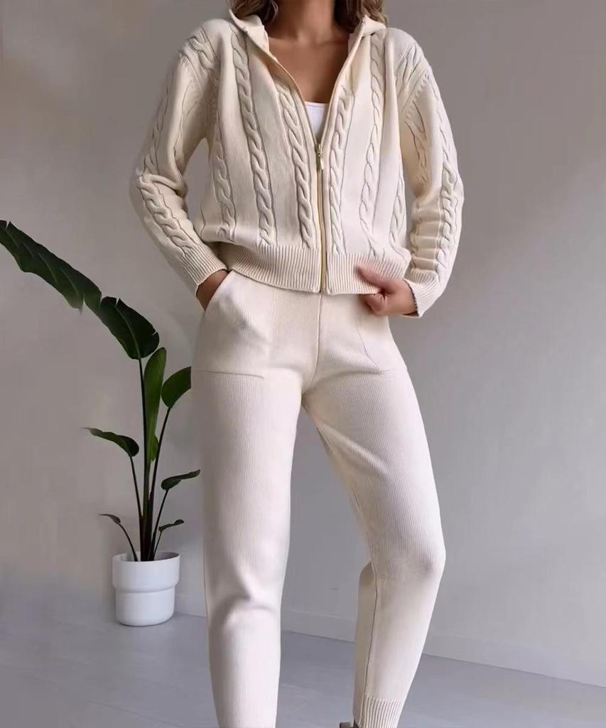 Autumn/Winter Cable Knit Hooded Zip-Up Top and Home Set for Women