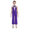 Girls Color Block Jumpsuit Sleeveless Bodysuit Metallic Patchwork Rhinestone Decoration Stage Performance Costume