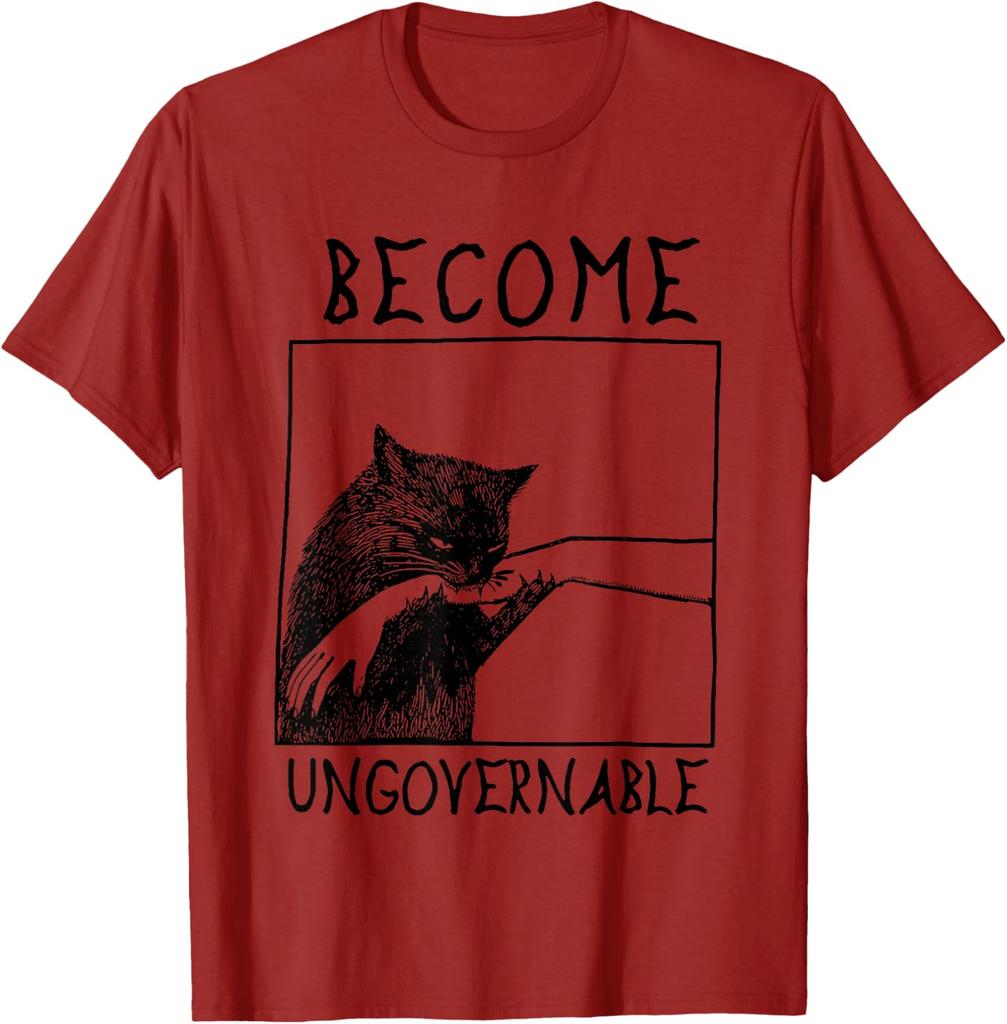 Become Ungovernable Biting Cat Meme Graphic Tee Cotton Casual Crewneck T-Shirt for Daily Wear