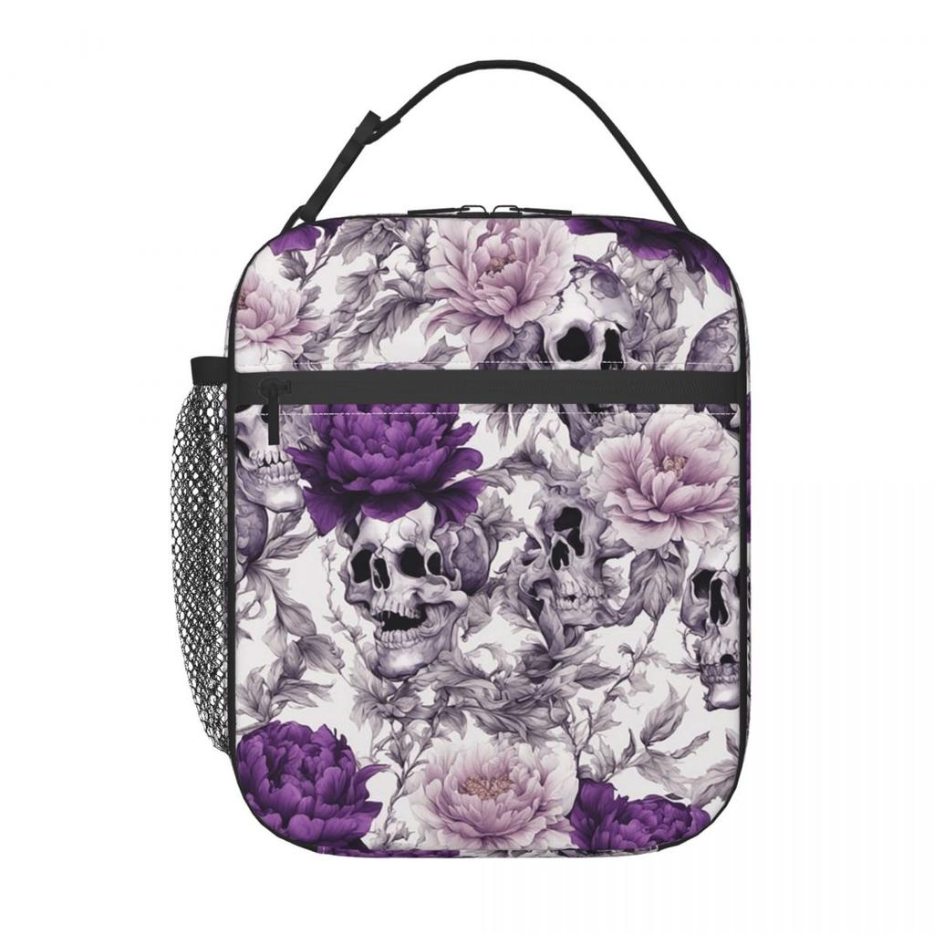 Violet Flower Skull Pattern Insulated Lunch Bag for Women Office Cooler Thermal Food Box Tote Leakproof Lunch Boxes Container