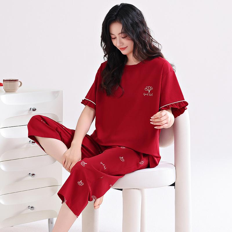 

Year of the Snake, natal year, women s pajamas, red summer cotton short-sleeved thin summer cotton large-size loungewear m suggest 40-50kg