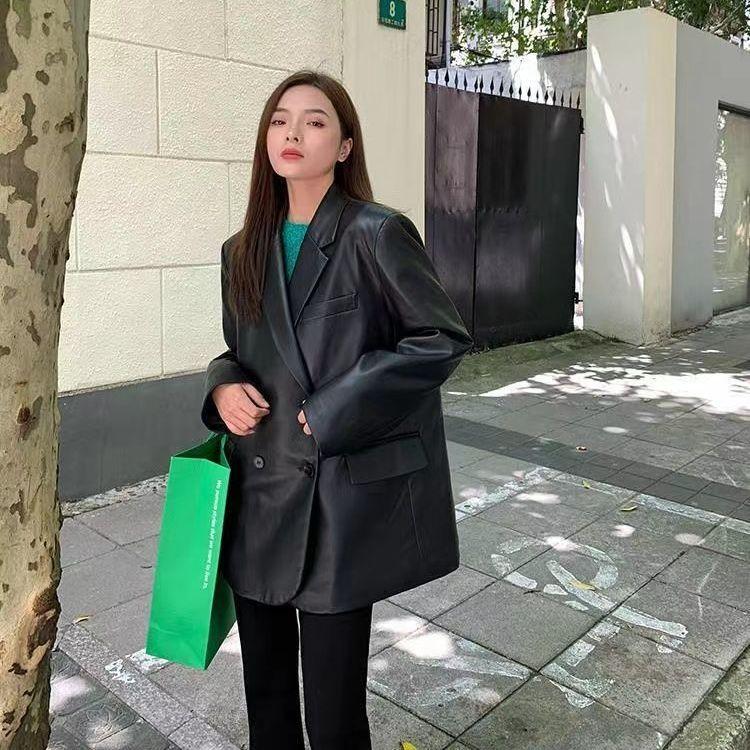 Vintage Texture PU Leather Jacket and Small Suit Top for Women with Retro and High-end Sense In Autumn