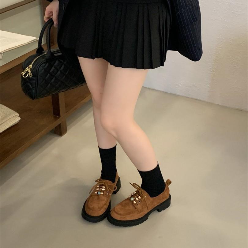 Muffin platform loafers women's 2025 autumn new versatile lace-up single shoes small people increase height British small leather shoes