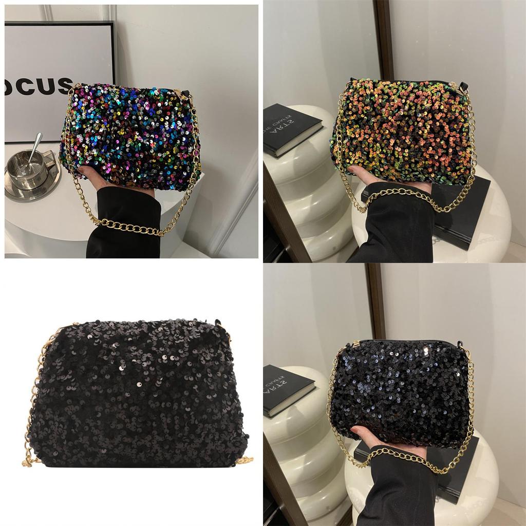 Black And White Sparkly Underarm Bag Women 2024 New Spring Nightclub Chain Small Square Bag Street Fashion