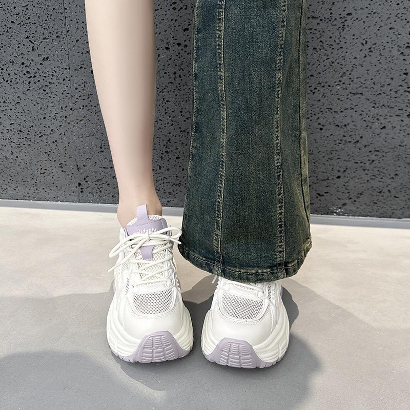 Summer New Mesh Inner Height Increase Leather Dad Shoes Women's Casual Versatile Thick-soled Thin Women's Shoes