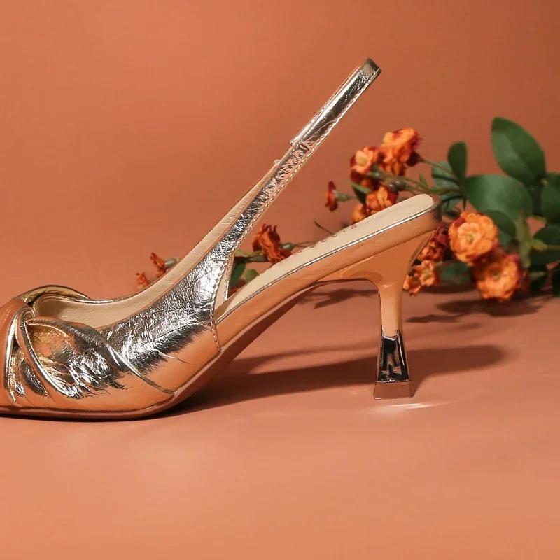 Golden Pleated Sexy Women's Sandals Pointed High Heeled Fashion Banquet High Heeled Sandals High Heeled Women's Shoes