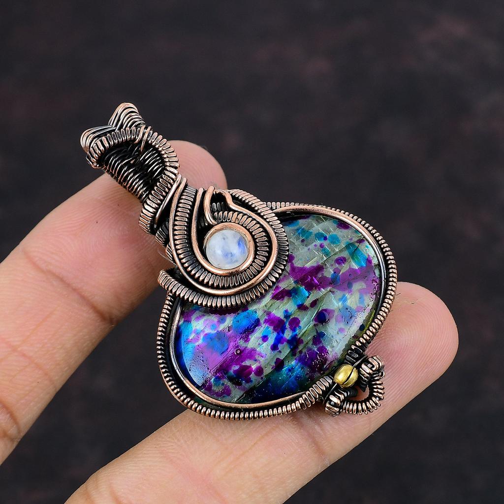 Multi Fire Labradorite Pendant Copper Wire Wrapped Jewelry Rainbow Moonstone Pendant Gemstone Copper Pendant Gift For Her Handmade Pendant