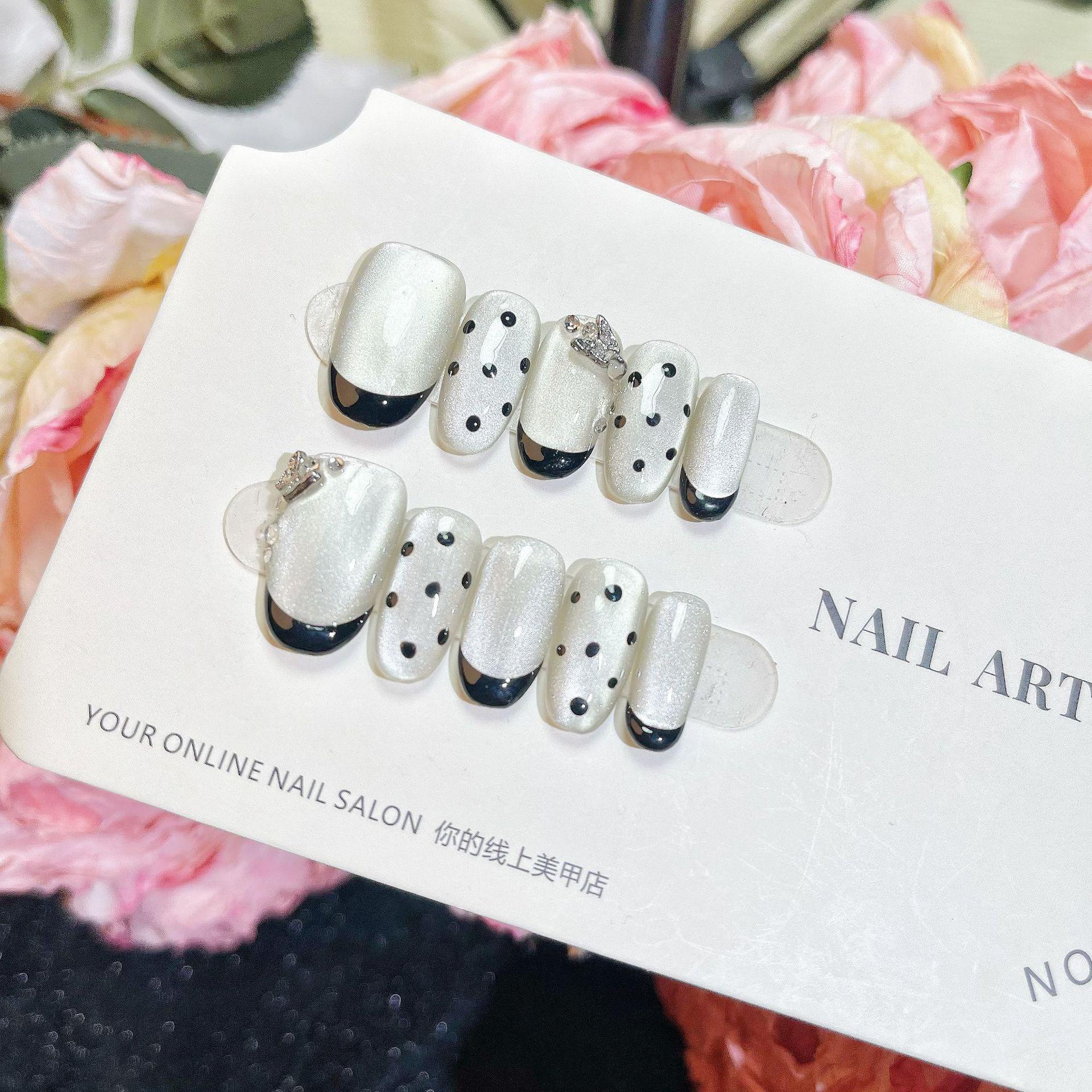 

Французский ретро короткий маникюр «кошачий глаз» в горошек - Ручная работа Large - Handmade Cat Eye Press-On Nails