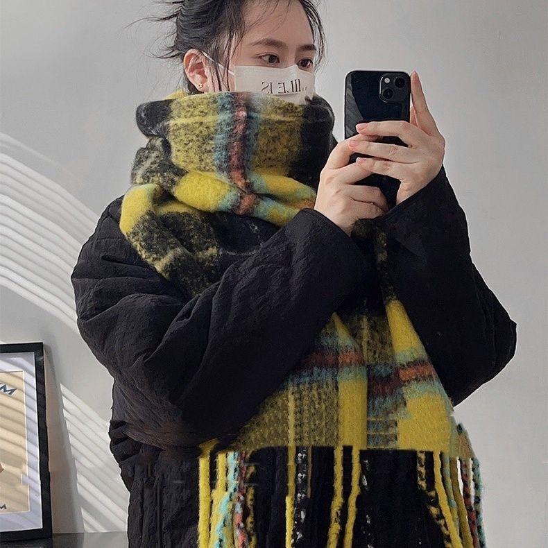 Mohair yellow plaid scarf Korean atmosphere autumn and winter versatile warm shawl advanced sense thickened scarf