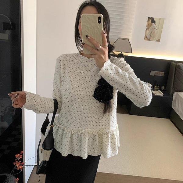 Autumn Winter Korean Style Polka Dot Turtleneck Long Sleeve Women's Slimming Base Layer Shirt