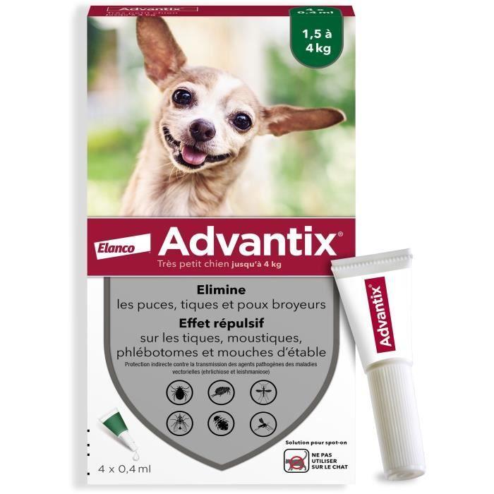 Advantix Chien Solution Antiparasitaire Puces Tiques Répulsif Mouches Moustiques Phlébotomes 1,5 À 4kg 4 Pipettes