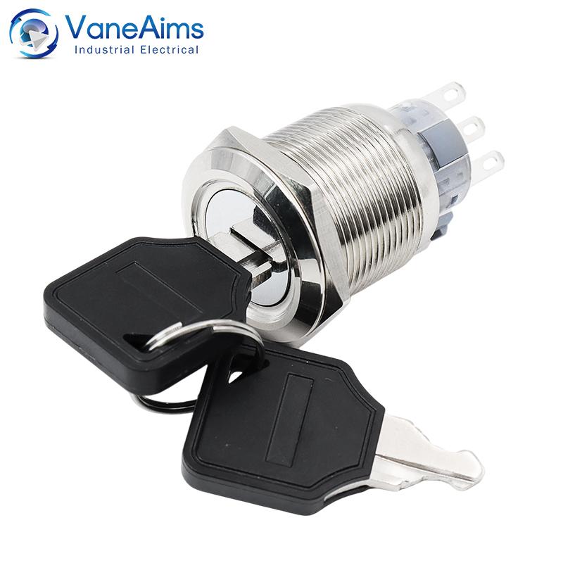22mm Metal Rotary Key Selector Switch 2/3-Position Waterproof Self-locking Latching Knob Switch with LED Light 1NO1NC 2NO2NC