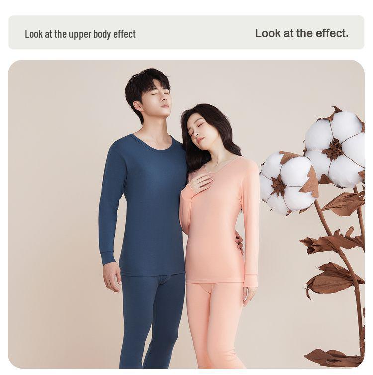 Red Beans Couples' Pure Cotton Thermal Underwear Set - Thin Sweater & Pants for Men and Women, Perfect for Autumn and Winter.