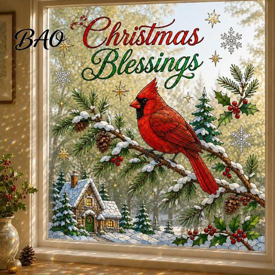 Shopping Mall Christmas Stickers 2Pcs Wall Stickers, Snowy Cottage Tree Self Adhesive Decals, Waterproof PVC Party Snow Scene Holiday Decals for Home