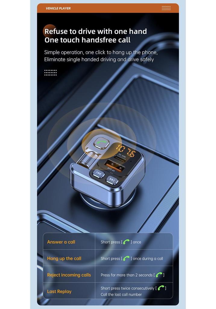 Car Bluetooth FM Transmitter MP3 Player with PD30W Fast Charger & 2.4A Hands-Free AUX Adapter