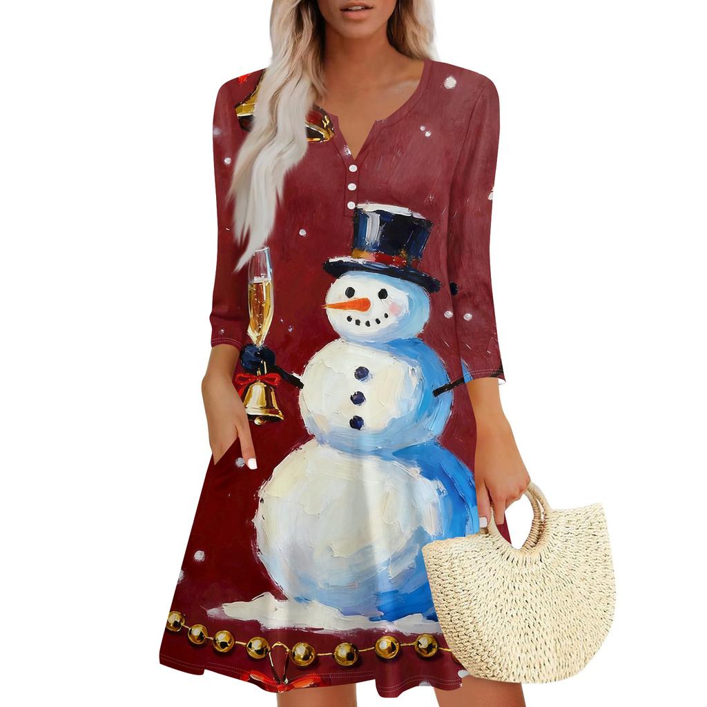Women's Christmas Printed Fashionable V-neck Button Seven Part Cuff Pocket Dress
