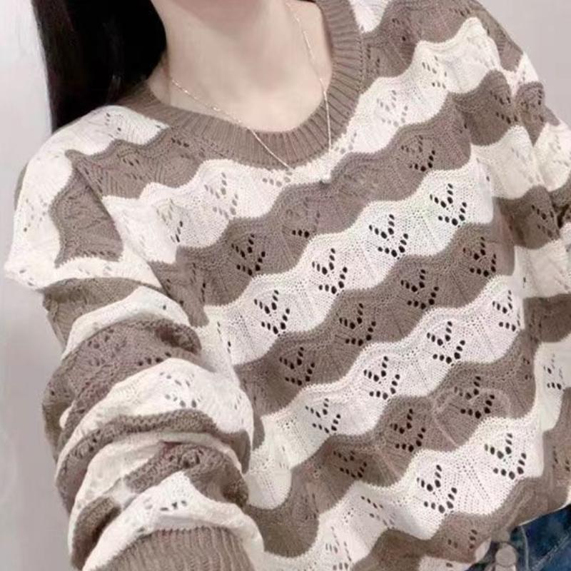 

Высококачественный вязаный свитер женский с ажурным узором в полоску с длинными рукавами корейский модный универсальный топ S кофейный