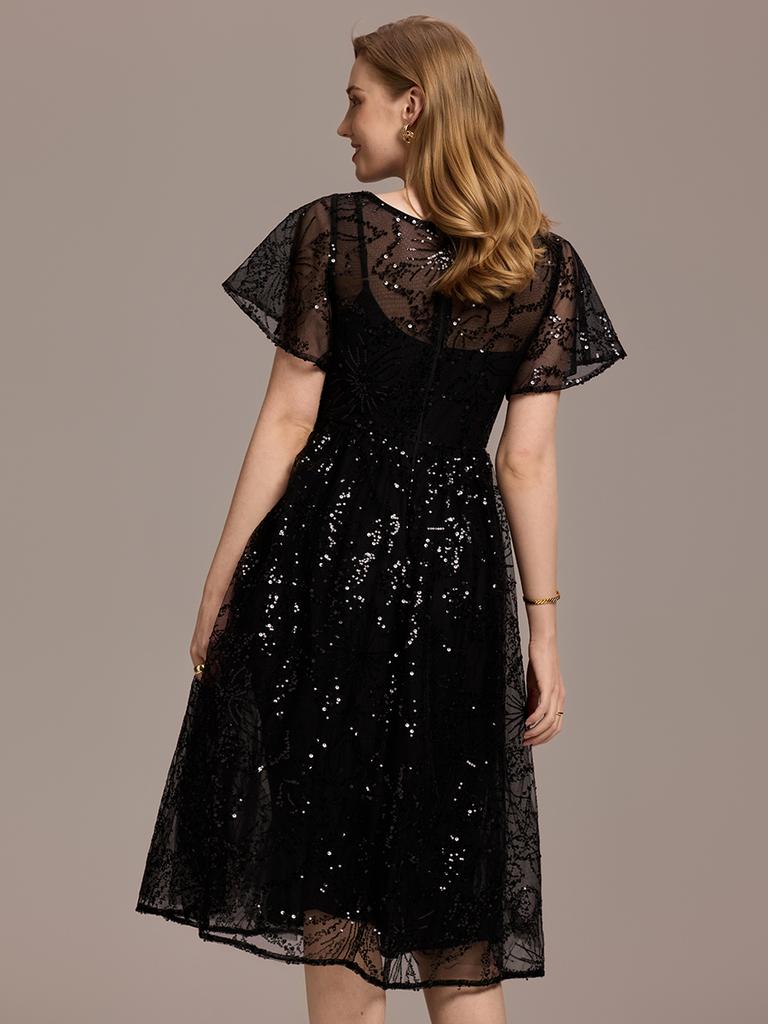 Ever-Pretty Women's Short Sleeve See-through Round Neck A-Line Sequins Midi Wedding Guest Dresses