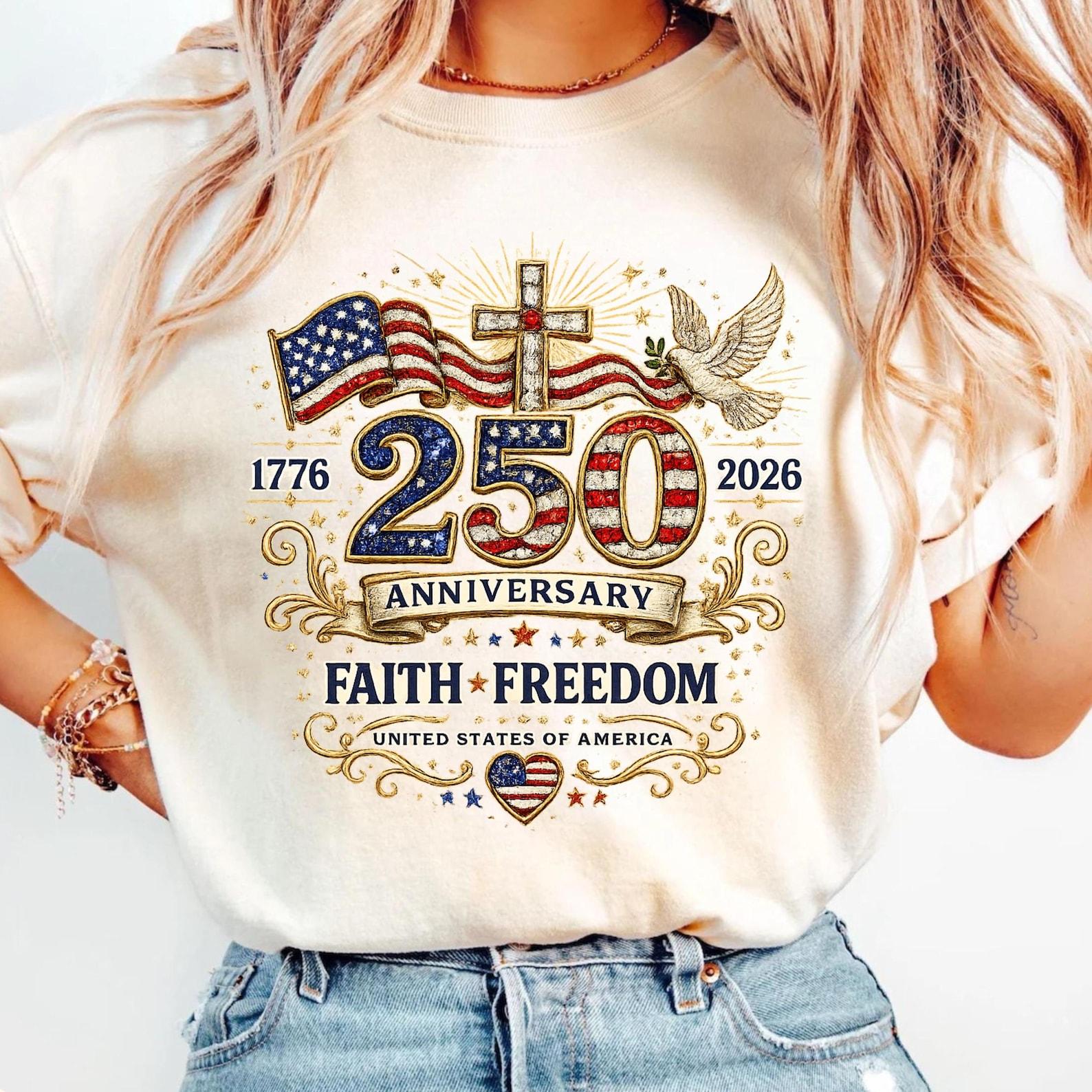 Faith Freedom 250 Anniversary Shirt, Christian Patriotic USA Tee, July 4th Independence Day Gift, America 1776 2026 Rhinestone Shirt S