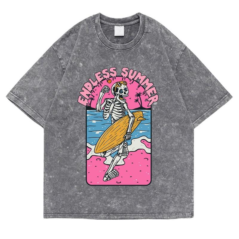 Endless Summer Skeleton Surfing Washed Retro Snow Clothing Men T-Shirt Summer Cotton
