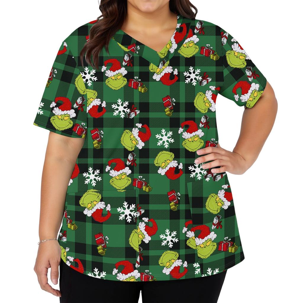 Women's Stylish V-Neck Short Sleeve Work Top with Pockets, Printed Caregiver Uniform Shirt