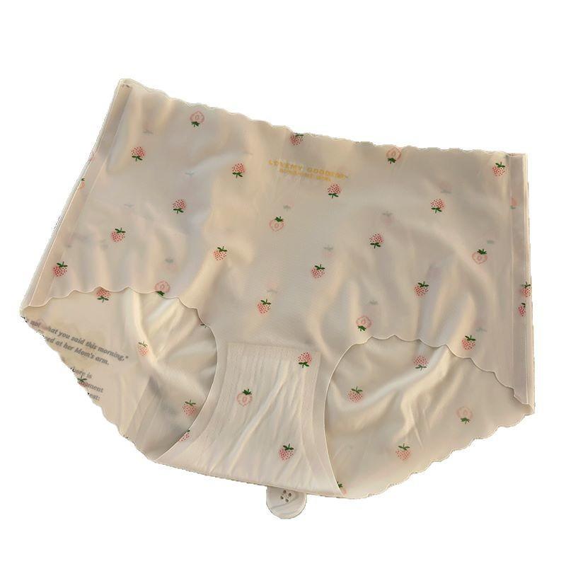 Ladies Summer Ultra Thin Sexy Strawberry Ice Silk Cotton Speed Dry No Trace Mid Waist Triangle Briefs