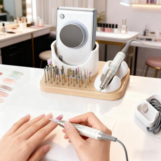 Yousheng Multi-functional Nail Drill Holder with 24 Holes Nail Drill Pen Drill Bits Organizer Wooden Base Manicure Grinding Tools Storage Box