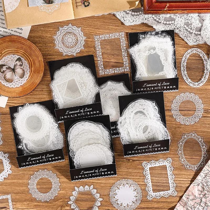 30Pcsbag Clear White Lace Pattern Stickers Retro Vintage Classic Pet Diy Journaling Album Diary Scrapbooking Collage Materials