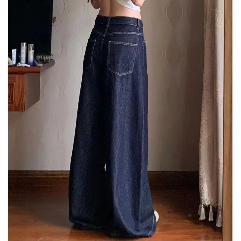Dark blue small wide-leg jeans women's summer retro loose and thin high-waisted straight casual floor-mopping trousers