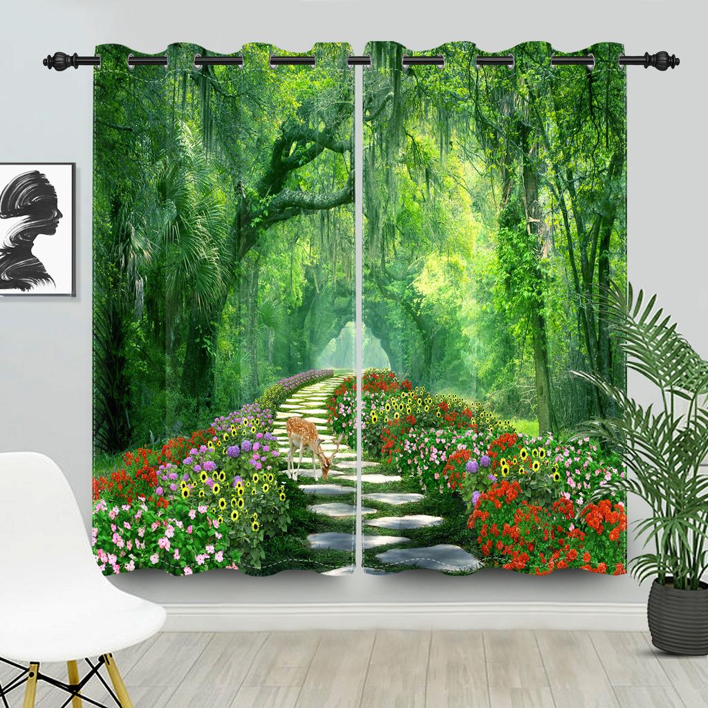 2pcs/set Blackout Curtains Sunny Forest Natural Green Space Landscape Polyester Window Bedroom Kitchen Home Interior Curtains