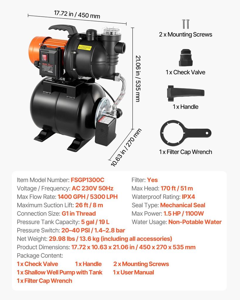 1100W Shallow Well Pump with Pressure Tank, 5300 LPH, Irrigation Jet Pump with 19L Tank, Filter, Check Valve, Automatic Water Booster System, 1.4-2.8