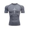 Men's Grey Compression T-Shirt with White Thorn Cross Print, Elastic Quick Drying Breathable Gym Workout & Sports Training Top