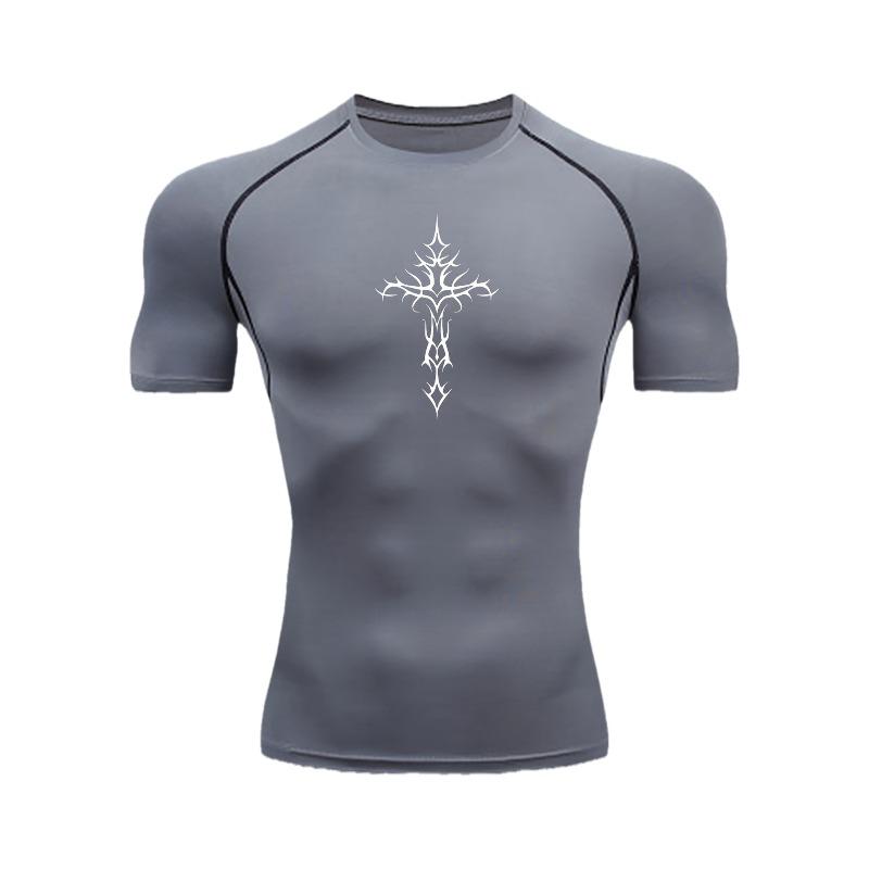 Men's Grey Compression T-Shirt with White Thorn Cross Print, Elastic Quick Drying Breathable Gym Workout & Sports Training Top