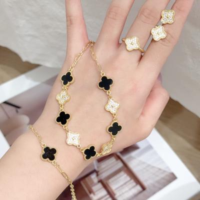 4PCS Clover 18k Copper Jewelry Set Simple and Versatile Petal Necklace Bracelet Ring Earnail Accessories