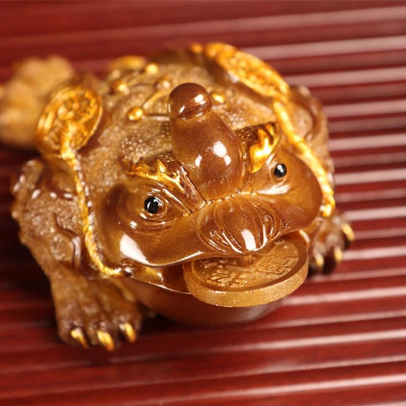 1PC Chinese Resin Discolored Tea Pet Lucky Cute Golden Toad Ornaments Desktop Handmade Crafts Home Tea Set Decoration Gifts