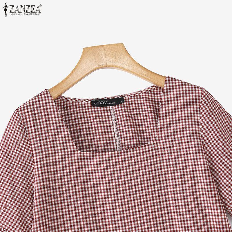 ZANZEA Women Casual Square Collar Short Sleeve Grid Print Dress