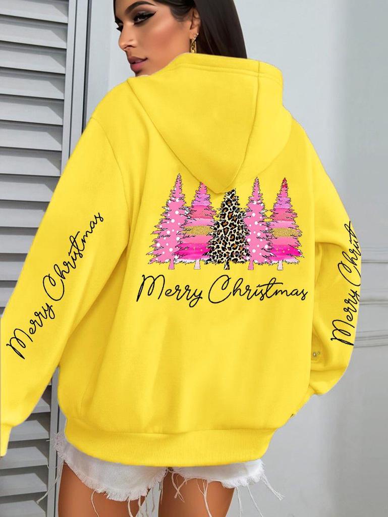 Women's Casual Hoodie - Pink Cross Christmas Tree Design for Autumn/Winter