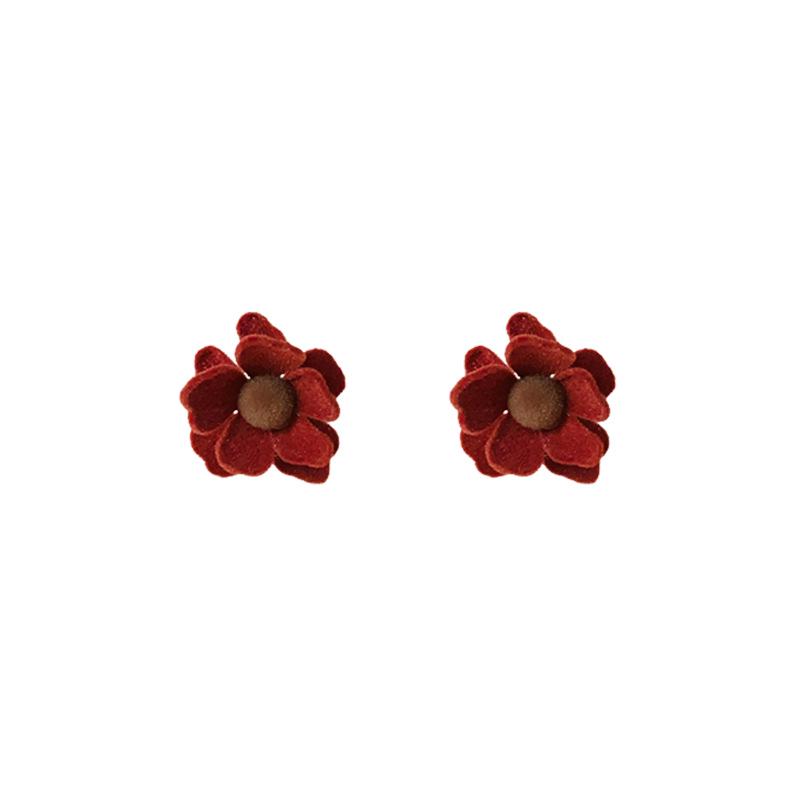 Silver Needle Red Series Flocked Bow Autumn/Winter Stud Earrings - Sweet, Fashionable High-End Design for Women.
