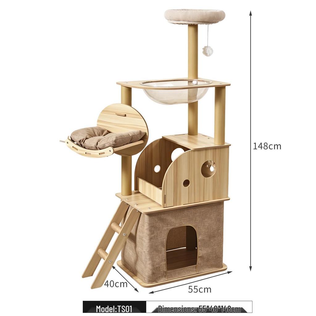 Raumkapsel Katzenbaum: Multifunktionaler Kratzbaum & Bett mit Doppelkammer, Geeignet für große & kleine Katzen