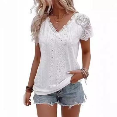 Women's Floral Lace Short Sleeve Blouse Raglan Top Casual V-neck Solid Color T-shirt