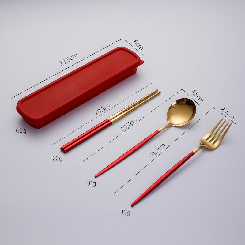 Stainless steel tableware, convenient student spoon, fork, chopstick three-piece set, travel storage set